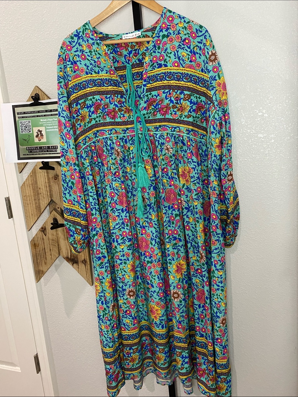 Boho Floral Balloon Sleeve Maxi in Teal nwot Spell vibes XL Cotton & Rayon soft - Picture 4 of 7
